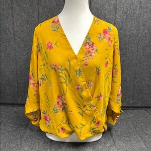 Kut from the Kloth Yellow Pink Wrap Blouse 3/4 Sleeve
